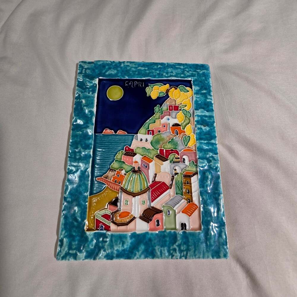 Hand-Painted Italian Ceramic Decorative Wall Tile with Capri Seascape Motif